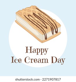 A hand-drawn, illustration of ice cream in waffle. Happy National Ice Cream Day card