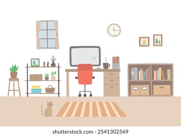Hand-drawn illustration of the interior around the desk