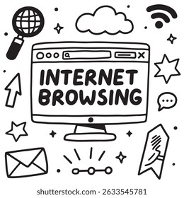 Hand-drawn illustration of internet browsing concept with icons like a computer screen, magnifying glass, cloud, Wi-Fi symbol, and email envelope.