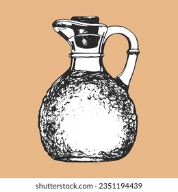 Hand-drawn illustration of Italian Oil Bottle. Kitchen Tools. Vector. Ink drawing. 
