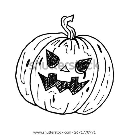 Hand-drawn illustration of Jack o lantern pumpkin, for Halloween. Image of a spooky pumpkin with an ominous smile in a scribble style. Engraving, coloring book, and festive decor