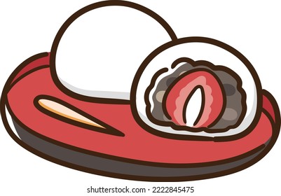 Ilustración hecha a mano de los dulces tradicionales japoneses "Daifuku" y "Mochi" con fresas que se pueden usar para eventos tradicionales como vacaciones de Año Nuevo y viajes