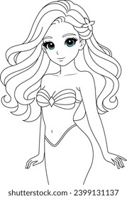 Hand-drawn illustration of kawaii mermaid princess coloring page for kids and adults. Mermaid colouring book