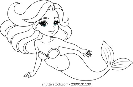 Hand-drawn illustration of kawaii mermaid princess coloring page for kids and adults. Mermaid colouring book