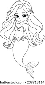 Hand-drawn illustration of kawaii mermaid princess coloring page for kids and adults. Mermaid colouring book