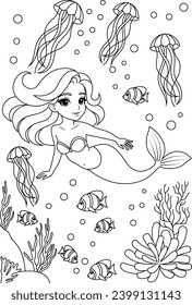 Hand-drawn illustration of kawaii mermaid princess and jellyfish coloring page for kids and adults. Mermaid colouring book	