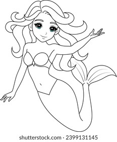 Hand-drawn illustration of kawaii mermaid princess coloring page for kids and adults. Mermaid colouring book