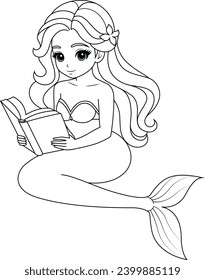 Hand-drawn illustration of kawaii mermaid princess reading book coloring page for kids and adults. Mermaid colouring book