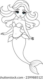 Hand-drawn illustration of kawaii mermaid princess coloring page for kids and adults. Mermaid colouring book