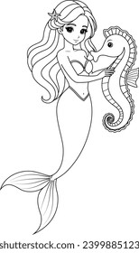 Hand-drawn illustration of kawaii mermaid princess and cute sea horse coloring page for kids and adults. Mermaid colouring book