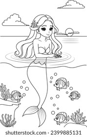 Hand-drawn illustration of kawaii mermaid princess coloring page for kids and adults. Mermaid colouring book