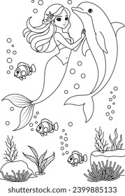 Hand-drawn illustration of kawaii mermaid princess and cute dolphin coloring page for kids and adults. Mermaid colouring book