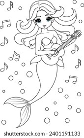 Hand-drawn illustration of kawaii mermaid princess playing the guitar coloring page for kids and adults. Mermaid colouring book