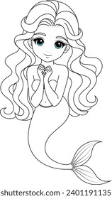 Hand-drawn illustration of kawaii mermaid princess coloring page for kids and adults. Mermaid colouring book