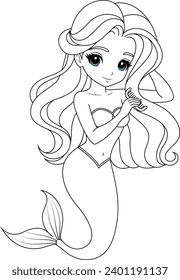 Hand-drawn illustration of kawaii mermaid princess combing her hair  coloring page for kids and adults. Mermaid colouring book