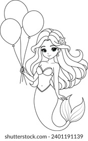 Hand-drawn illustration of kawaii mermaid princess with birthday balloons coloring page for kids and adults. Mermaid colouring book