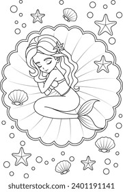 Hand-drawn illustration of kawaii mermaid princess sleeping on the seashell coloring page for kids and adults. Mermaid colouring book