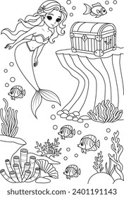 Hand-drawn illustration of kawaii mermaid princess with a treasure chest coloring page for kids and adults. Mermaid colouring book