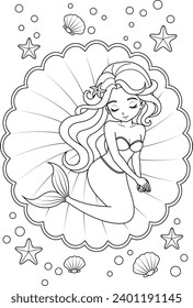 Hand-drawn illustration of kawaii mermaid princess sleeping on the seashell coloring page for kids and adults. Mermaid colouring book