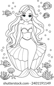 Hand-drawn illustration of kawaii mermaid princess coloring page for kids and adults. Mermaid colouring book