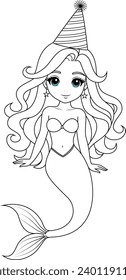 Hand-drawn illustration of kawaii mermaid princess with party hat  coloring page for kids and adults. Mermaid colouring book