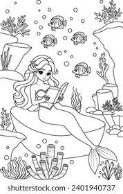 Hand-drawn illustration of kawaii mermaid princess reading book coloring page for kids and adults. Mermaid colouring book