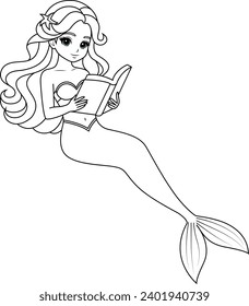 Hand-drawn illustration of kawaii mermaid princess reading book coloring page for kids and adults. Mermaid colouring book