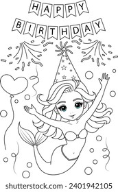 Hand-drawn illustration of kawaii mermaid princess with party hat  coloring page for kids and adults. Mermaid colouring book