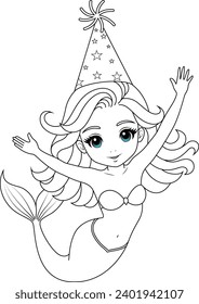 Hand-drawn illustration of kawaii mermaid princess with party hat  coloring page for kids and adults. Mermaid colouring book