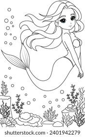 Hand-drawn illustration of kawaii mermaid princess coloring page for kids and adults. Mermaid colouring book