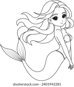 Hand-drawn illustration of kawaii mermaid princess coloring page for kids and adults. Mermaid colouring book