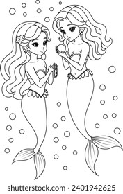 Hand-drawn illustration of kawaii mermaid princess coloring page for kids and adults. Mermaid colouring book