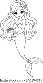 Hand-drawn illustration of kawaii mermaid princess holding the birthday cake coloring page for kids and adults. Mermaid colouring book