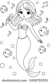 Hand-drawn illustration of kawaii mermaid princess is singing coloring page for kids and adults. Mermaid colouring book