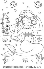 Hand-drawn illustration of kawaii mermaid princess is brushing hair coloring page for kids and adults. Mermaid colouring book