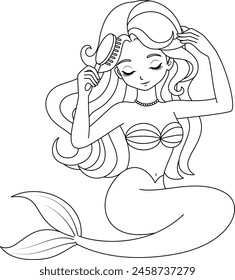 Hand-drawn illustration of kawaii mermaid princess is brushing hair coloring page for kids and adults. Mermaid colouring book