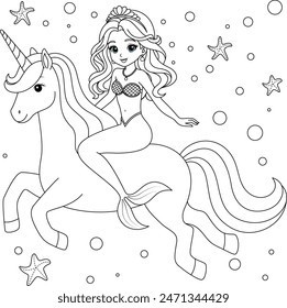 Ilustración dibujada a mano de kawaii sirena princesa montar un caballo página para colorear para niños y adultos. Libro de colorear de sirena	