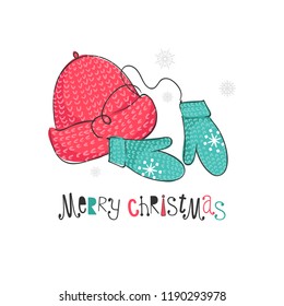 Handdrawn illustration of a knitted hat and mittens and lettering Merry Christmas. Holiday card design in vector.