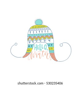 Handdrawn illustration of a knitted heat and lettering Hello Winter. Winter card design.