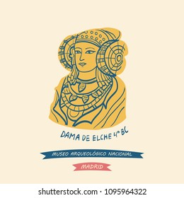 Hand-drawn illustration of The Lady of Elche as symbol of The National Archaeological Museum (Museo Arqueológico Nacional) located in central Madrid, Spain