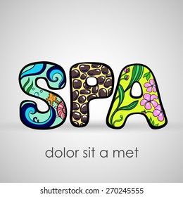 Hand-drawn illustration lettering spa made from different natural elements isolated on the gray background - vector
