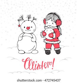 Hand-drawn illustration with little girl and snowman. Vector.