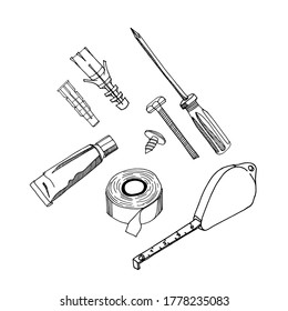 Hand-drawn illustration of a locksmith tool and hardware. Black and white vector image. Isolated on white