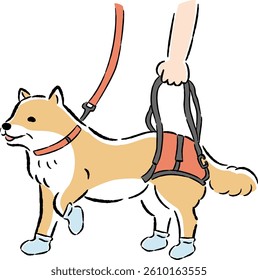 Hand-drawn illustration of a loose and cute dog and pet supplies. A rough and stylish impression. Vector illustration.