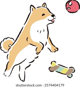 A hand-drawn illustration of a loose and cute playing dog. A rough and stylish impression. Vector illustration.