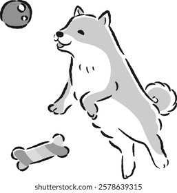 A hand-drawn illustration of a loose and cute playing dog. A rough and stylish impression. Vector illustration.