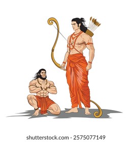 Hand-drawn illustration of Lord Ram, Hindu religion God with Hanuman, Hanuman worshiping lord Ram illustration