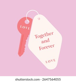 Ilustração desenhada à mão de chave com tema de amor e tag com texto 'Juntos e para sempre', fundo rosa pastel.