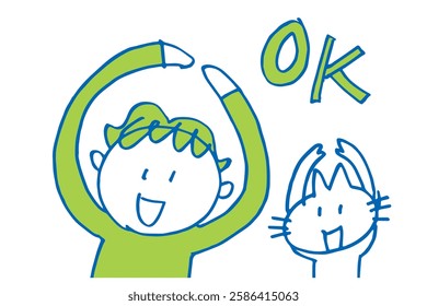 Hand-drawn illustration of a man and a cute cat making an OK sign