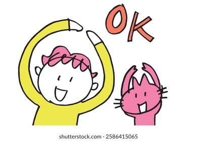 Hand-drawn illustration of a man and a cute cat making an OK sign